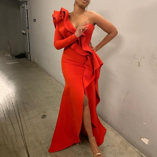 African Style Elegant Party Sexy Evening Women Long Dresses One Shoulder Bodycon Split Female Ruffles Maxi Red Dress Prom 2021