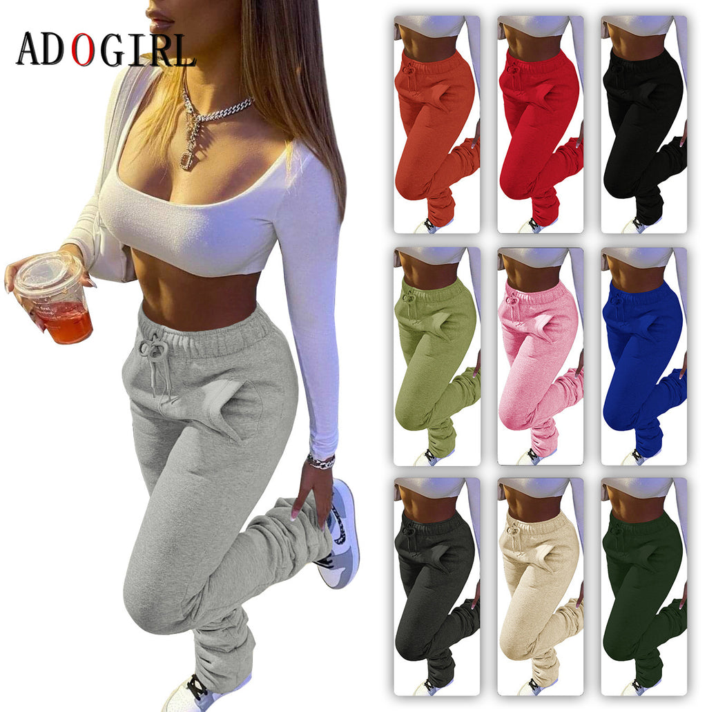 Casual Solid Stacked Sweatpants Women Casual Elastic Waist Jogger Trousers Autumn Winter Thick Warm Ruched Legging 7 Color 3XL