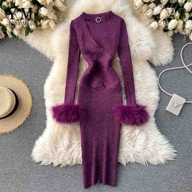 YuooMuoo Good Quality Luxury Shining Knitted Women Dress Sexy Hollow Out V-neck Halter Bodycon Party Dress Fashion Purple Dress