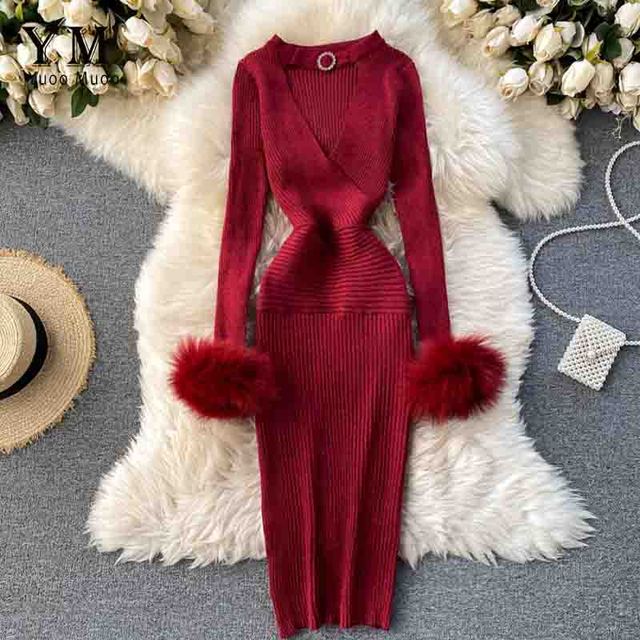 YuooMuoo Good Quality Luxury Shining Knitted Women Dress Sexy Hollow Out V-neck Halter Bodycon Party Dress Fashion Purple Dress