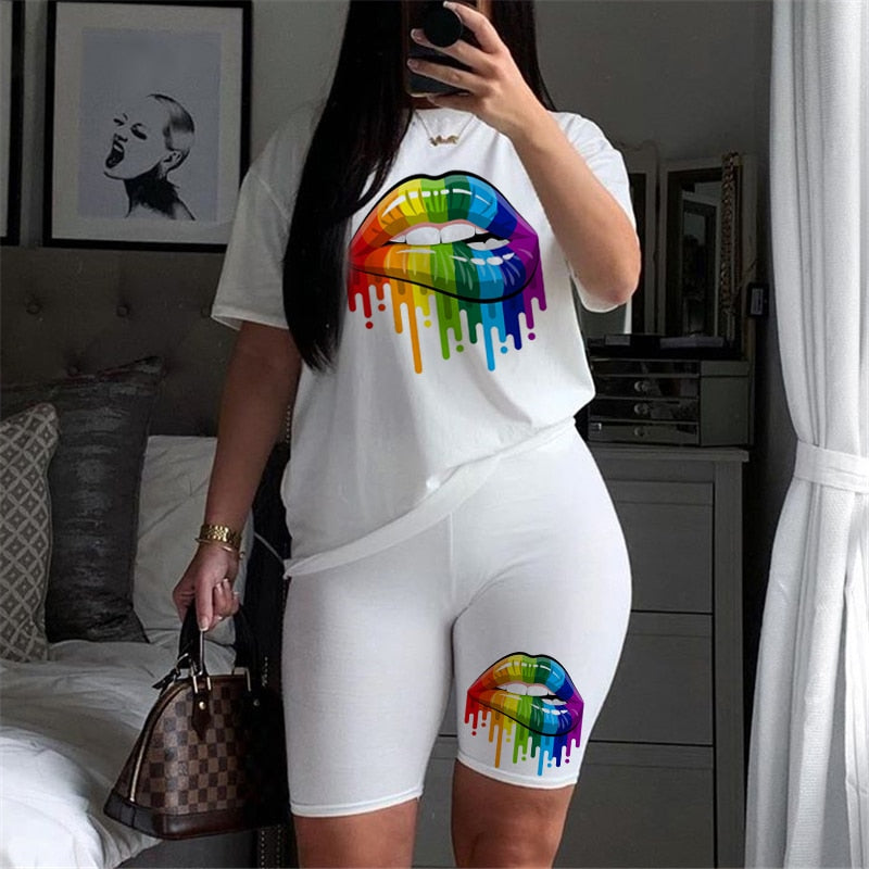 Women Two Piece Set Lips T Shirts And Shorts Pyama Sets Summer Casual Joggers Tracksuit Shorts Sexy Outfit For Woman Clothing