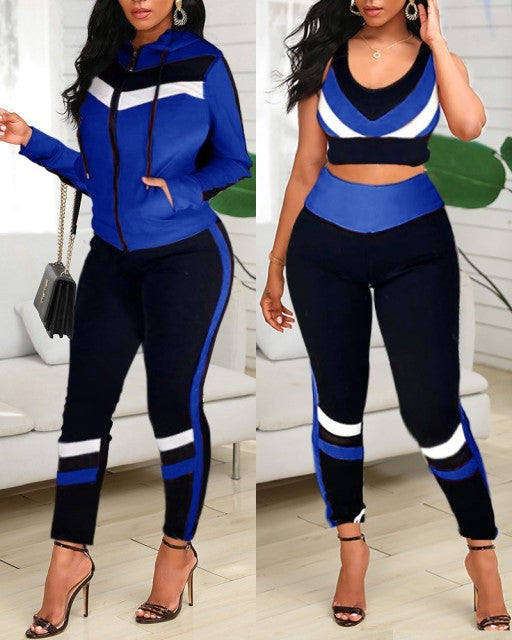 Colorblock Crop Top & High Waist Pants & Hooded Coat Set Casual Women 3 Piece Set Outfits Sleeve Style Clothing Length Collar