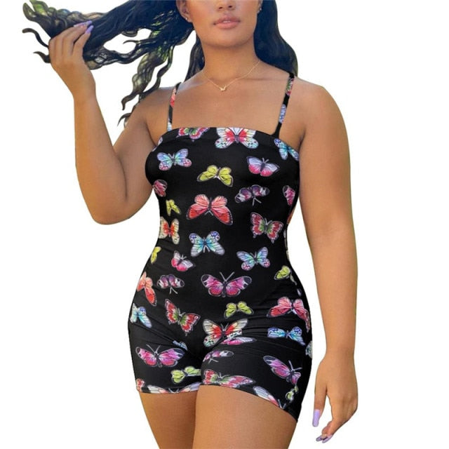 Sexy Off Shoulder Romper Bodycon Women Fashion Jumpsuit 2020 Bodysuit Shorts Butterfly Printed Short Sleeve Bodysuit Romper