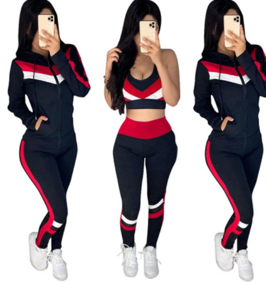 Colorblock Crop Top & High Waist Pants & Hooded Coat Set Casual Women 3 Piece Set Outfits Sleeve Style Clothing Length Collar