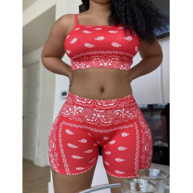 2021 Graphic Bandana 2 Piece Tracksuit Set Women Printed Casual Sport Cute Sexy Club Outfits for Women Matching Sets Top Sets