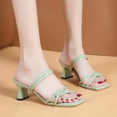 Weave Designer Women Slipper Ladies Thin High Heel Sandal 2021 New Summer Slip-On Open Toe Brown Outdoor Slides Flip Flop Shoe