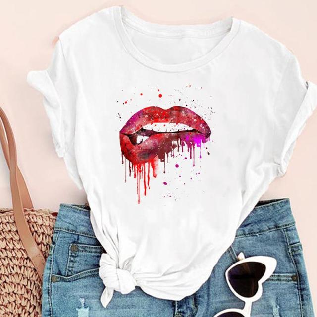 Women Lip Watercolor Funny Camisetas Mujer  Fashion Print Graphic Summer Short Sleeve Female Clothes Tops Tees Tshirt T-Shirt