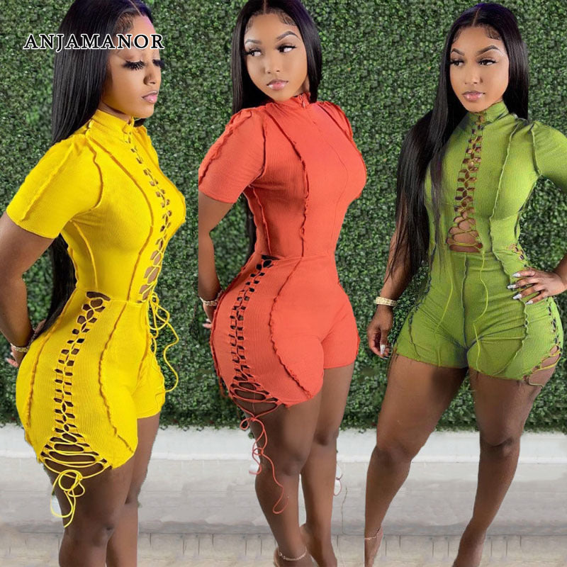 ANJAMANOR Sexy Cutout Strappy Bandage Rompers Playsuits Rib Knit Jumpsuit Clubwear 2021 Wholesale Lots Bulk Clothes D30-DD24